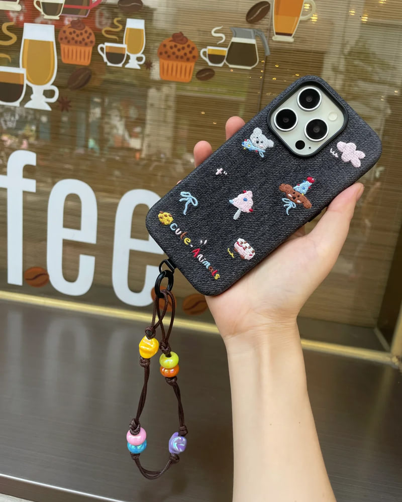 Custom Denim Embroidered Phone Case with Cute Dog & Bear Design