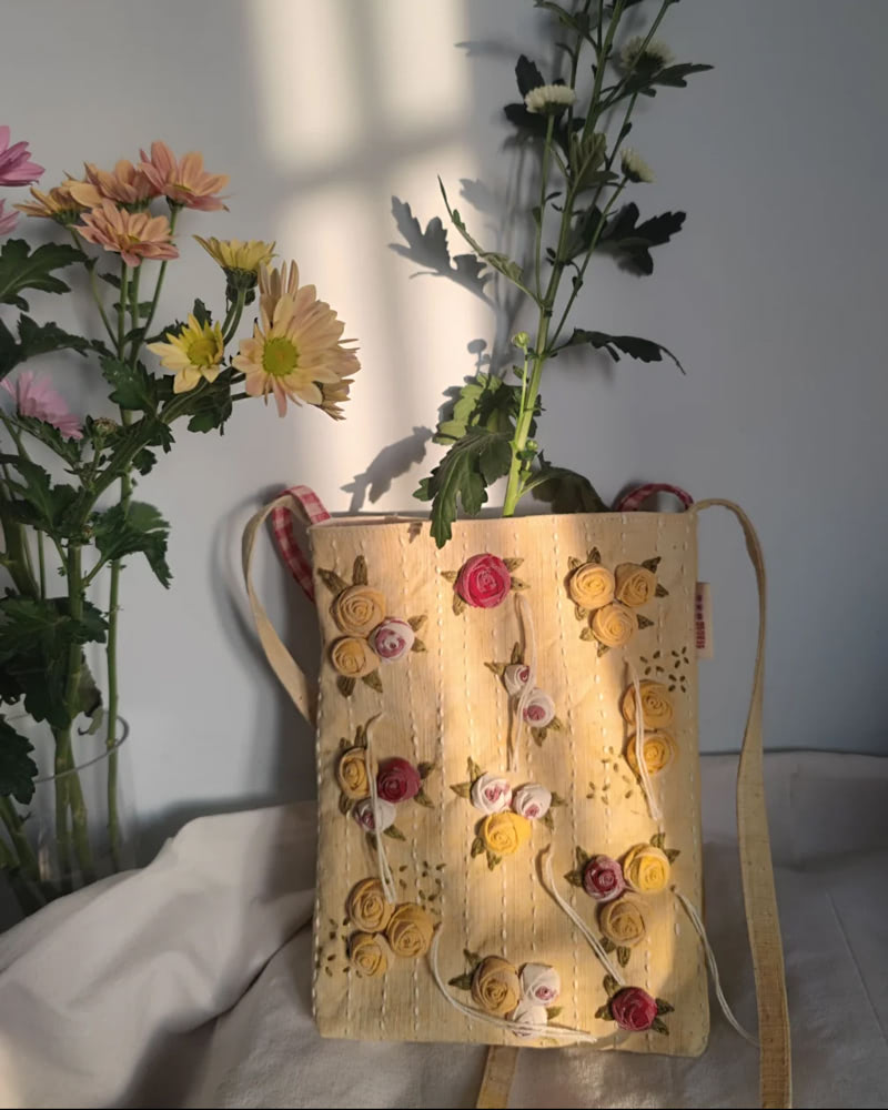 Eco friendly Burlap Bag with Handmade Yellow Rose Embroidery